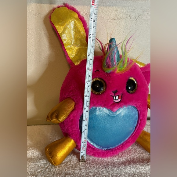 10" Rainbocorn Bright Pink Bunny Rabbit Unicorn Rainbow Hair Glitter Eyes Plush - Picture 4 of 5